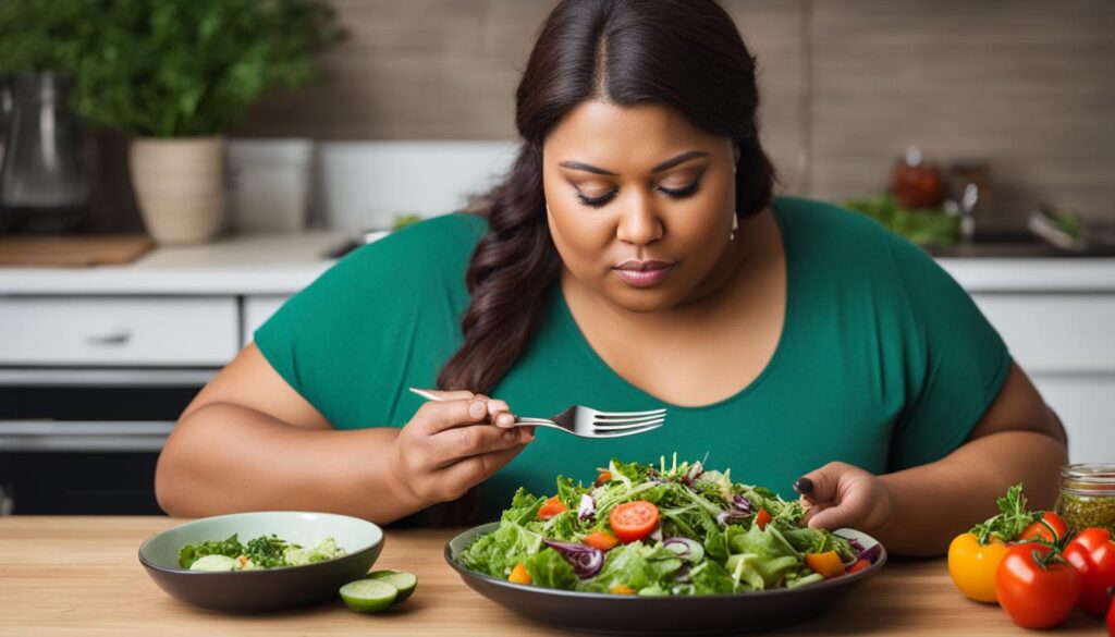 överviktig kvinna som äter en sallad